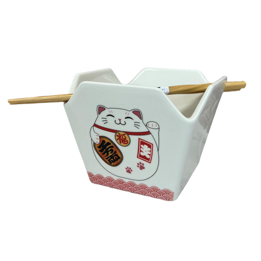 16oz 5"W x 4"H Takeout Box Serving Bowl With Chopsticks Lucky Cat (1/24)
