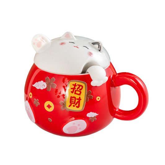 Fortune Cat 15oz Mug With Lid and Spoon (12/36)